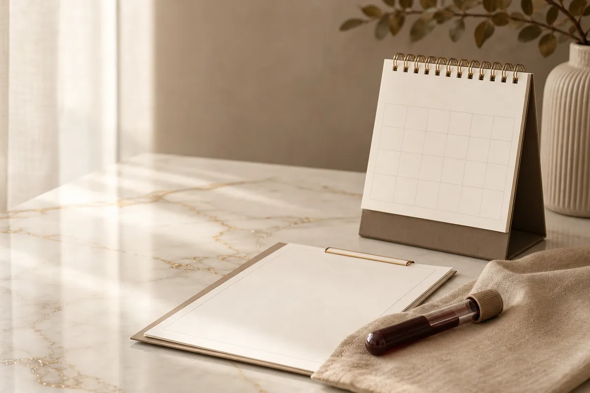 Tubo de coleta de sangue, formulário em branco e calendário sobre uma mesa clara.